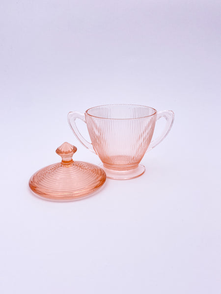Pink Glass Ribbed Sugar Bowl