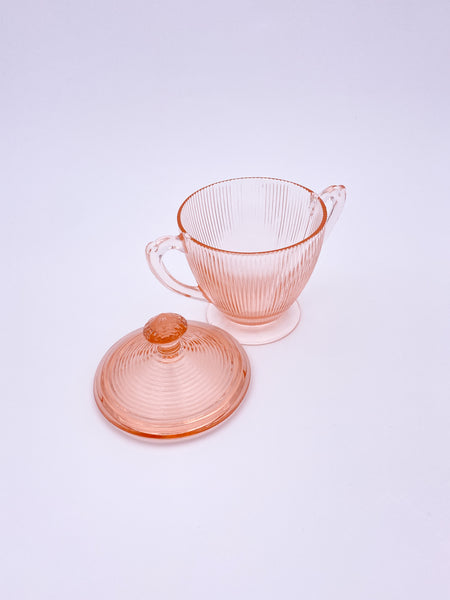 Pink Glass Ribbed Sugar Bowl